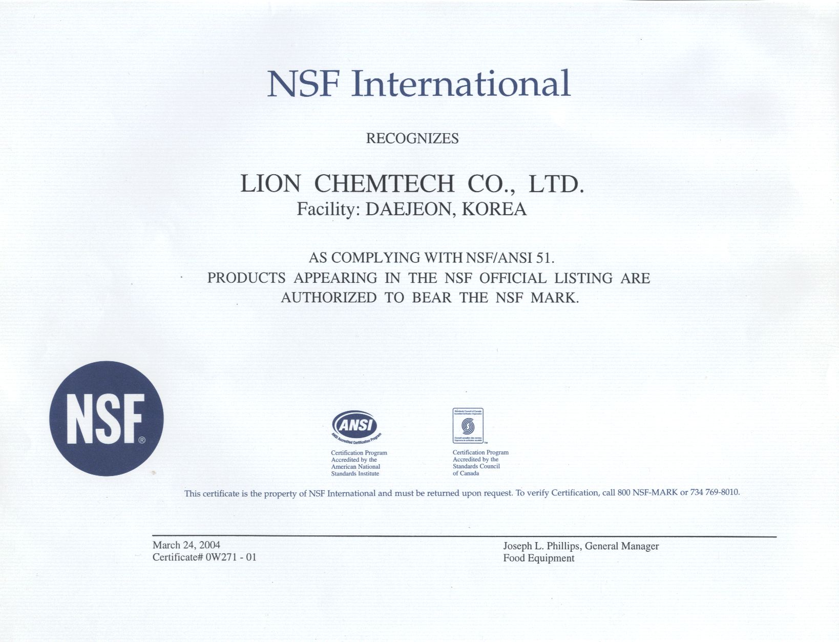 Lion Chemtech Co. Ltd. NSF ANSI51 standarder samsvar